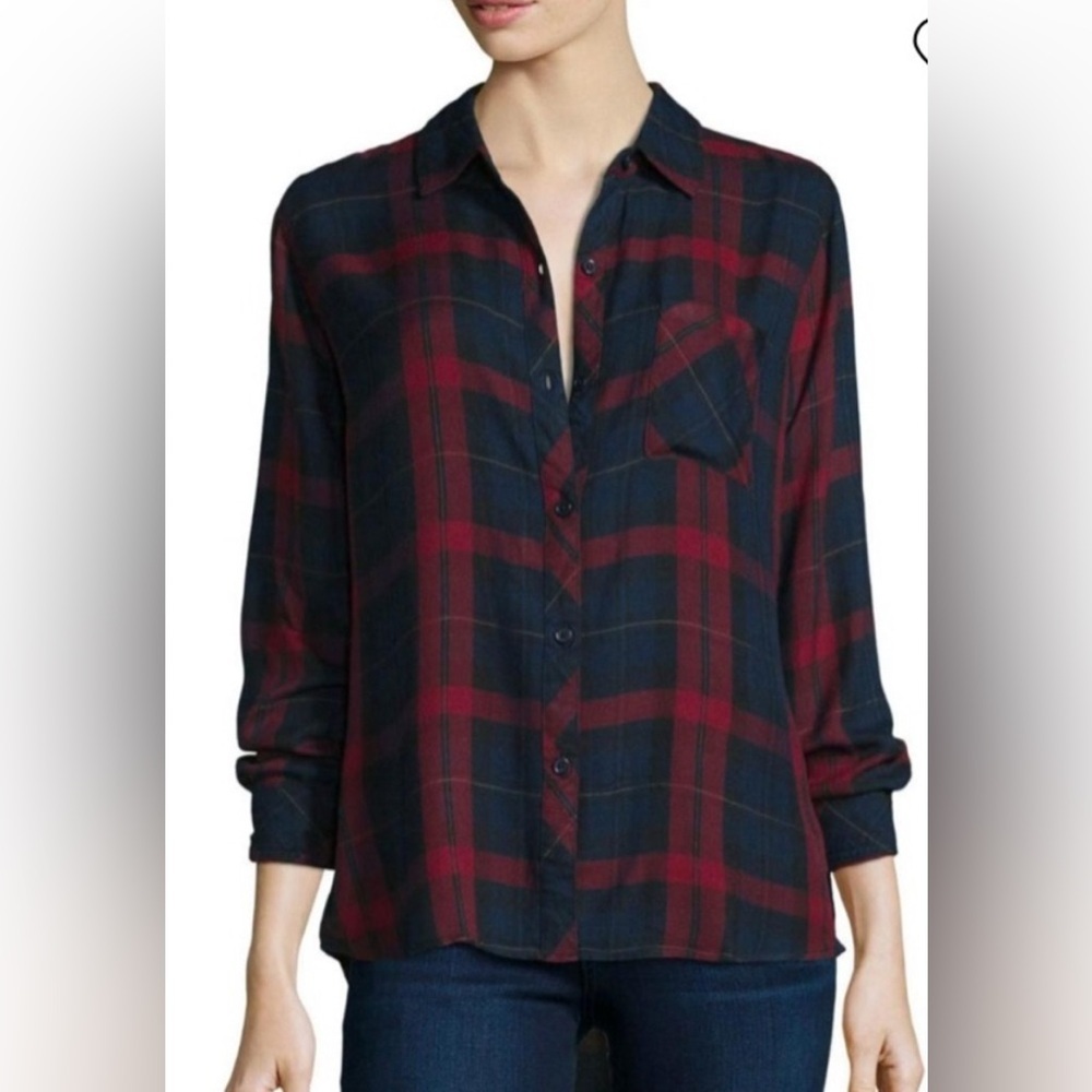 Rails Hunter Plaid Button Up Shirt Medium Navy Red Flannel Rayon